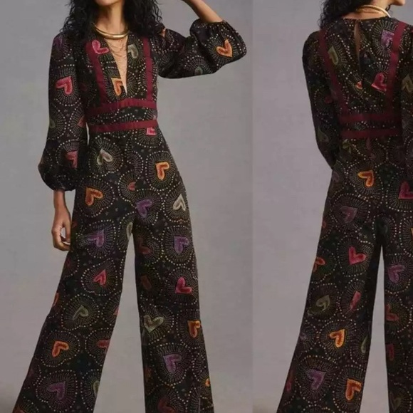 Farm to rio Anthropologie jumpsuit v neck summer tropical hearts black xs - Picture 3 of 7